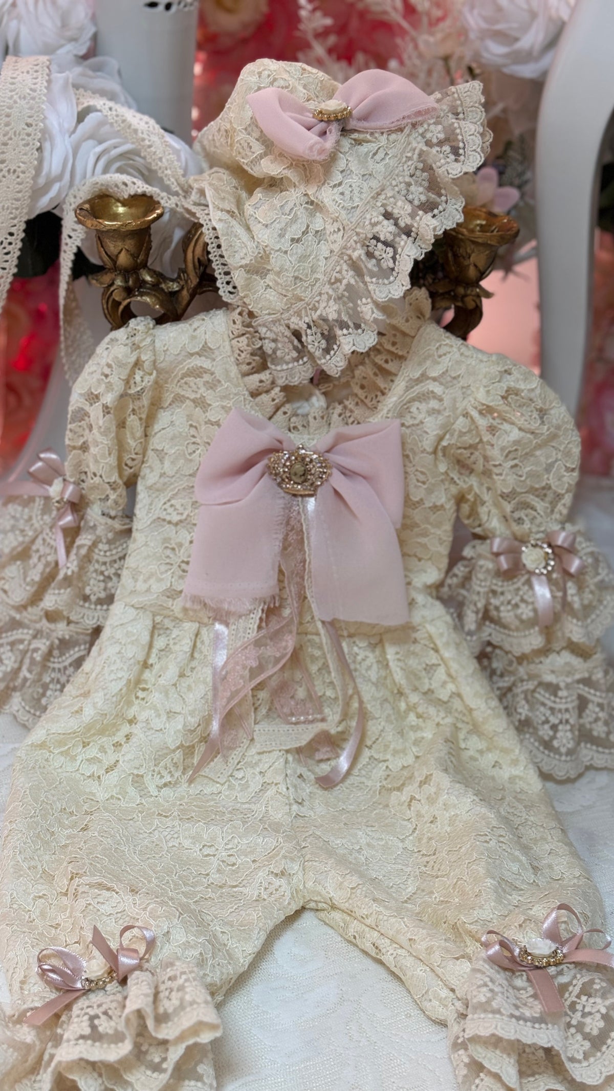 Lace coton fabric jumpsuit bonnet and bonnet