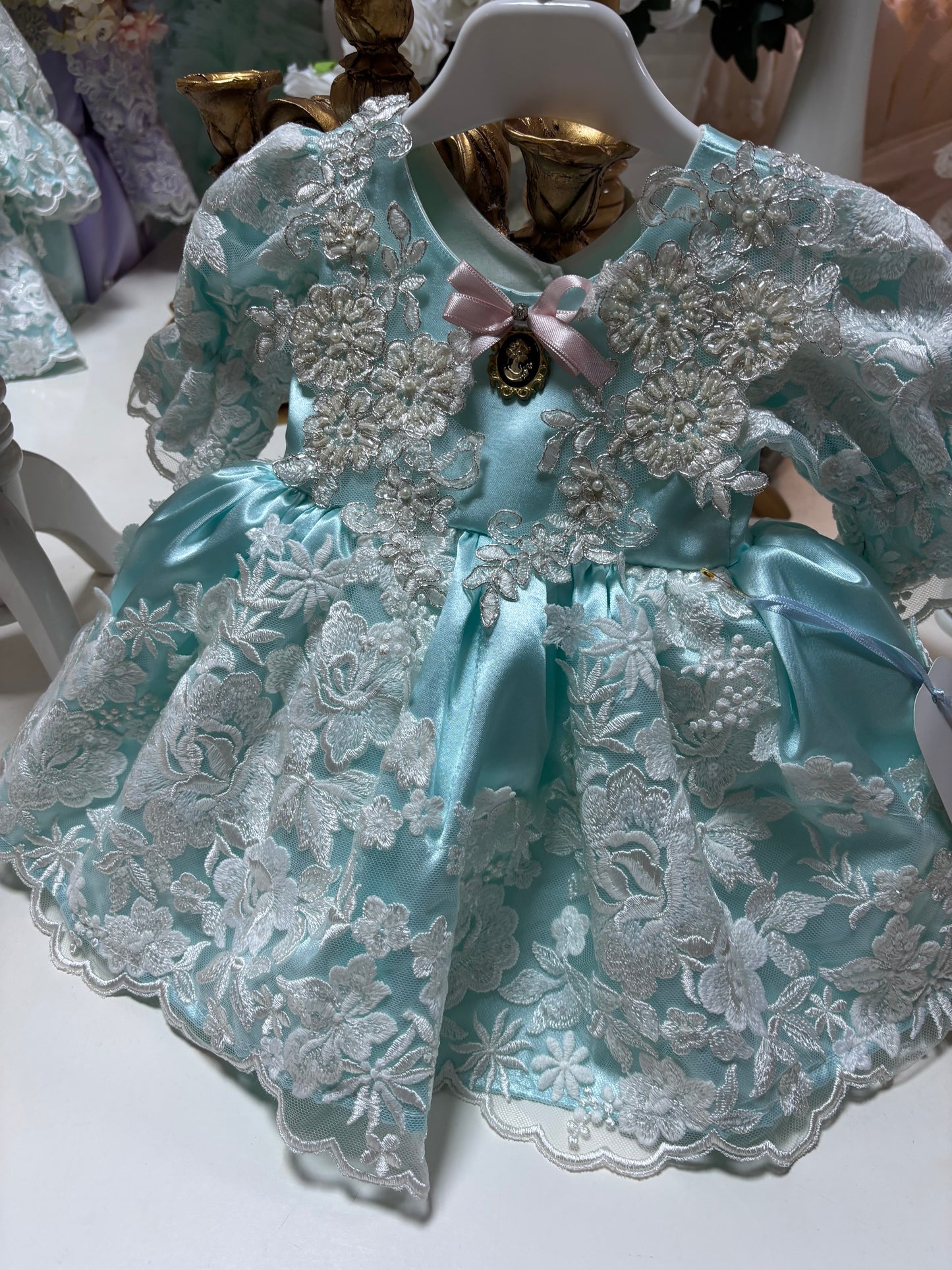 Mint Blue France Lace Satin FabricBaby Girl Toddler Dresses