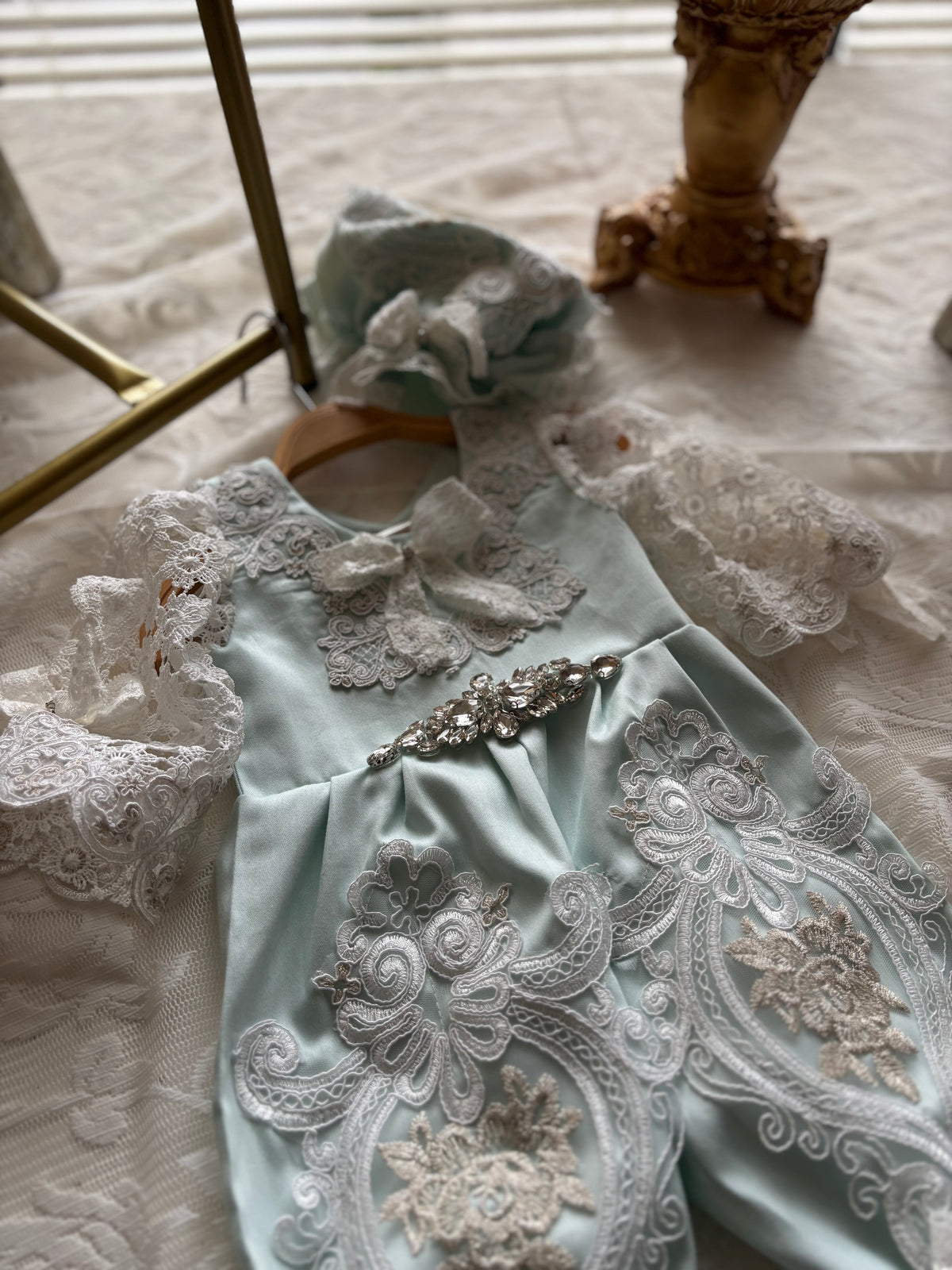 Mint blue baby jumpsuit and bonnet