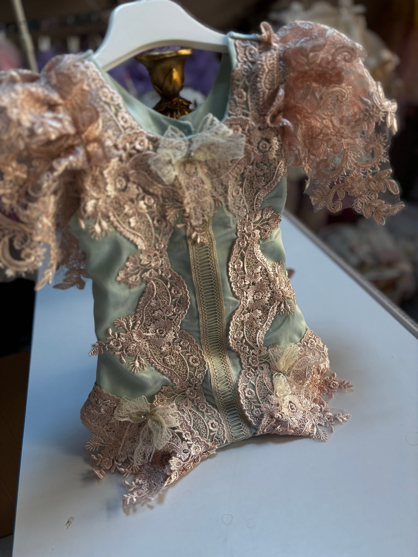 Mint and light pink coton France lace fabric romper wholesale 6 pcs