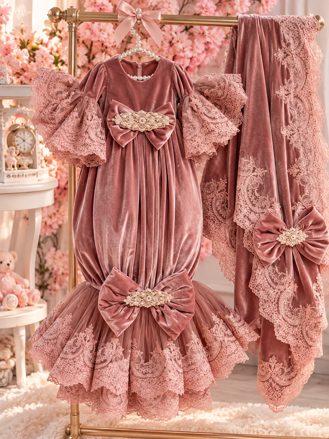 Powder velvet fabric gown bonnet and blankent