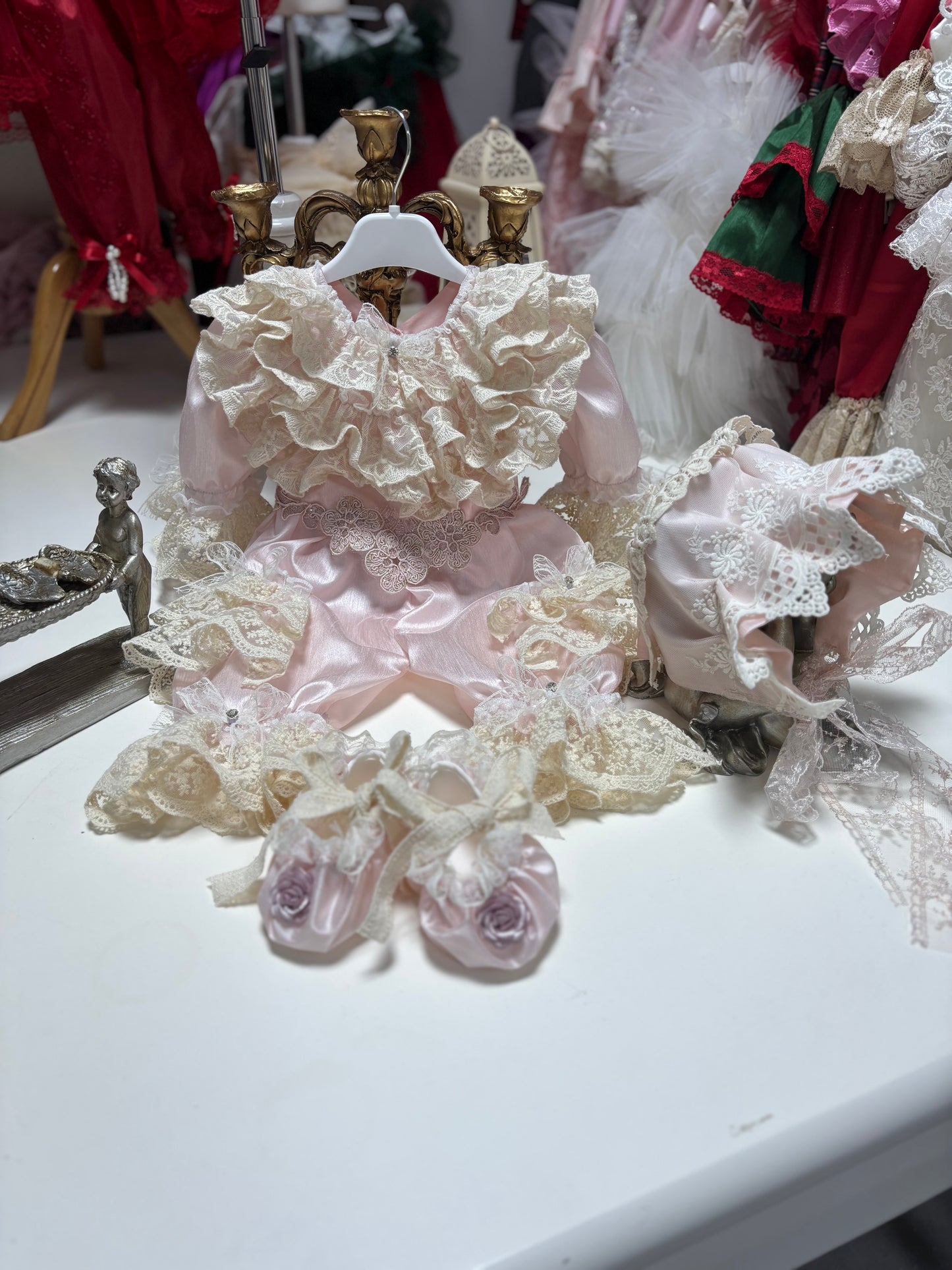 Silk fabric pink baby jumpsuit bonnet and shoes set wholesale 4 pcs