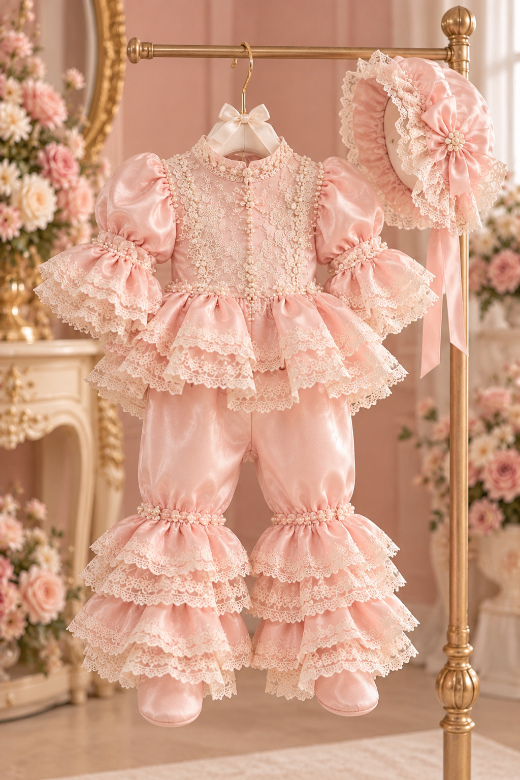 Pink satin fabric baby jumpsuit and bonnet