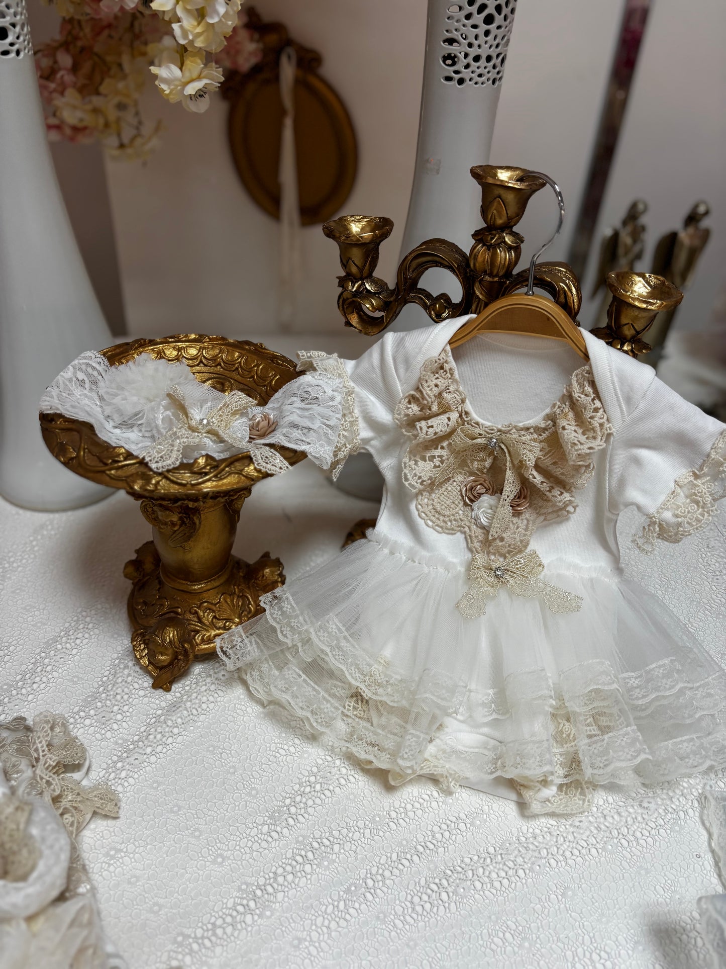 Cream layet romper and hair band 3m