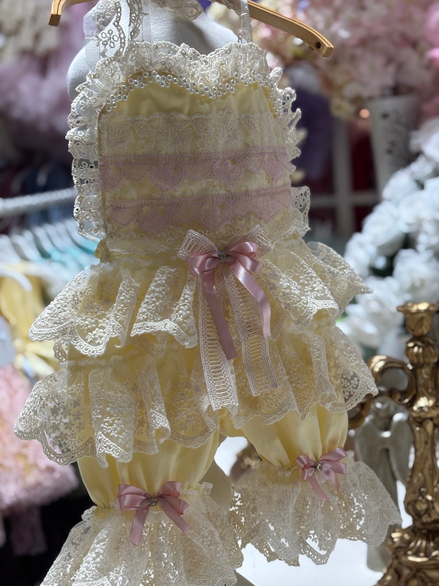 Yellow Baby Girl Toddler Coton Lace outfit Romper And Hairband