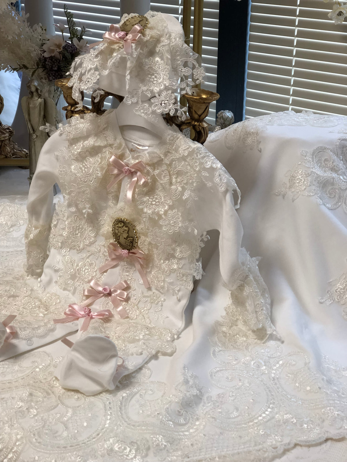 Cream France lace baby jumpsuit bonnet and blankent