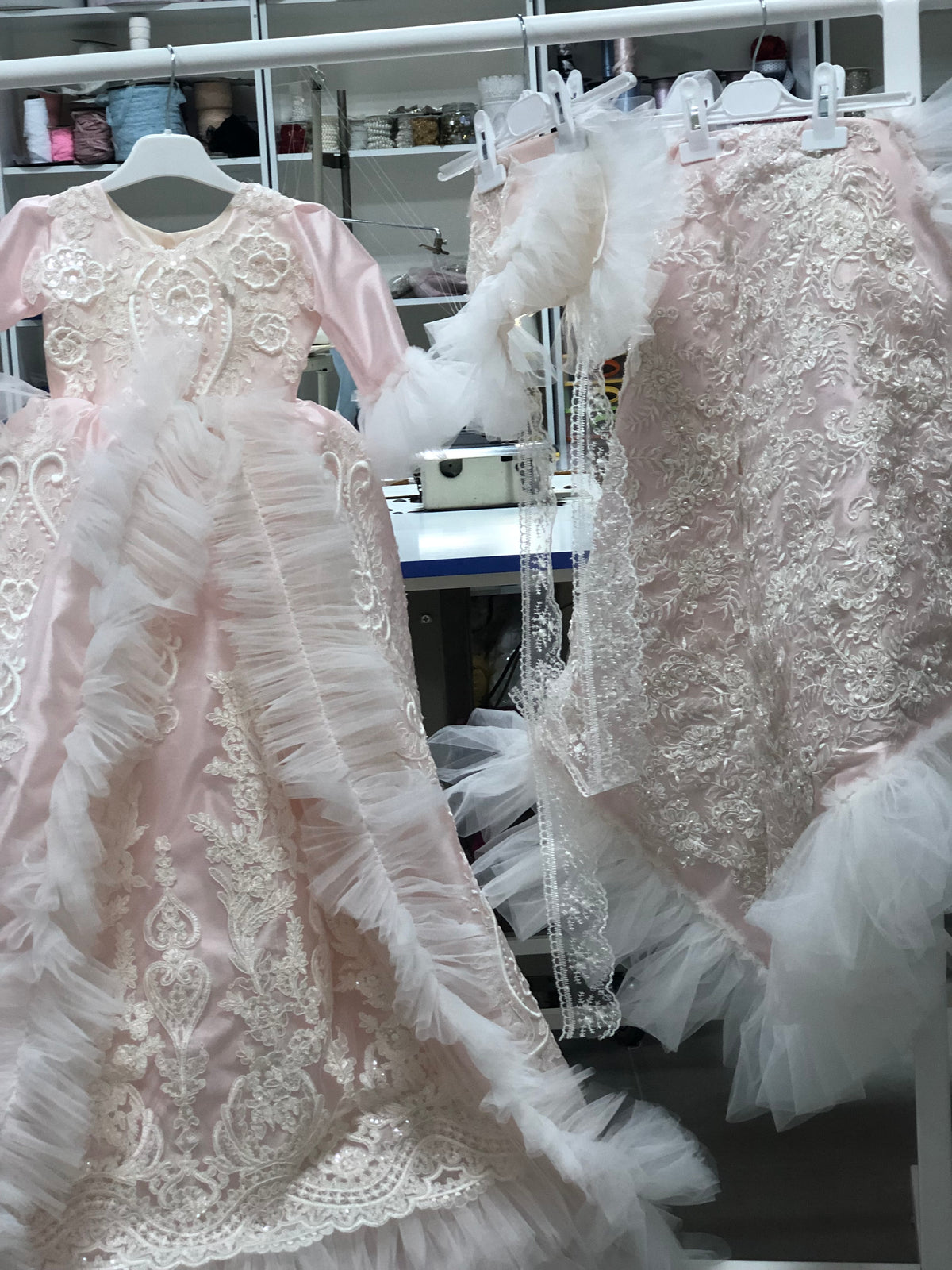 Pink silk fabric lace detail long baby gown bonnet and blankent