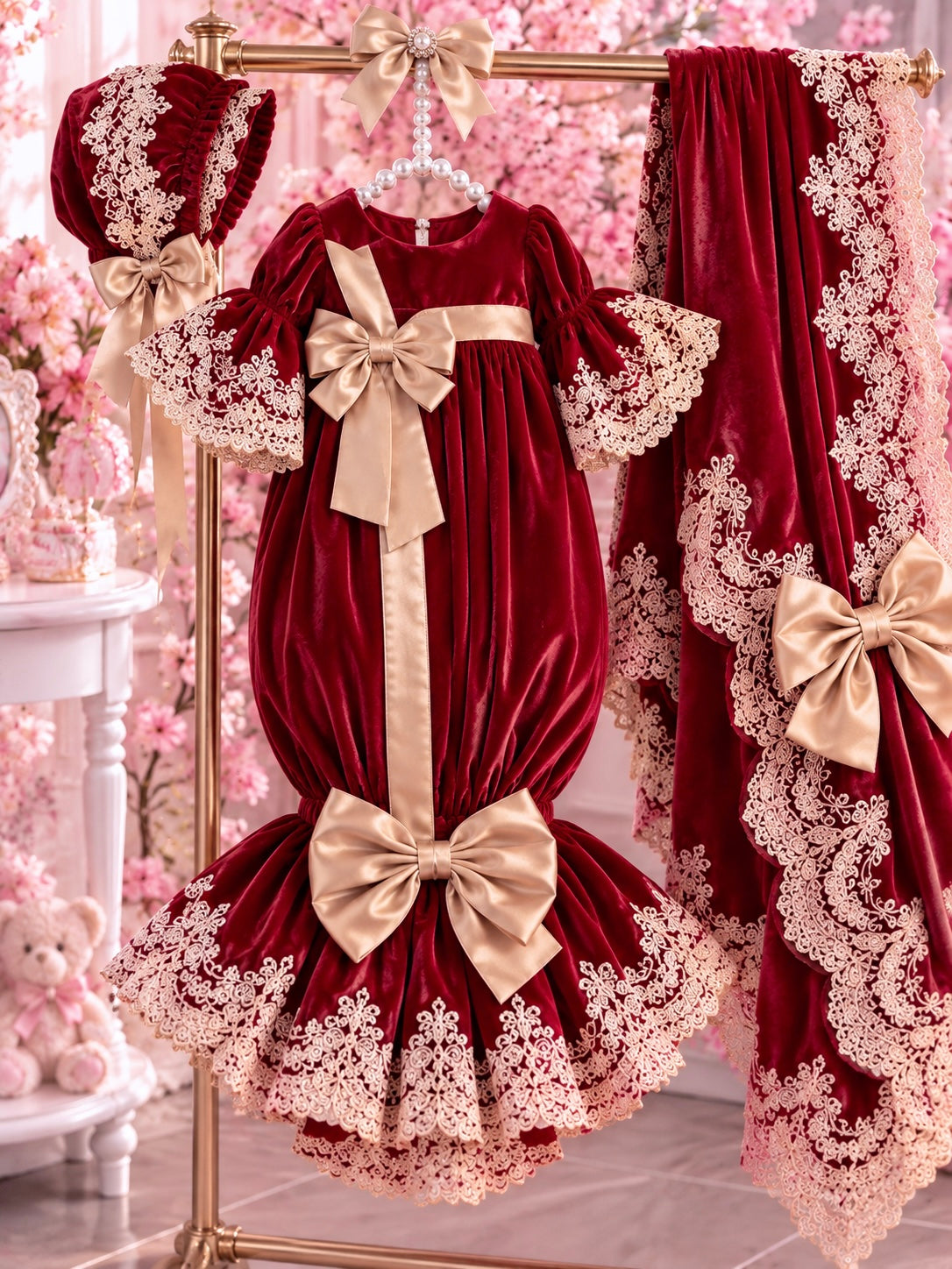 Red velvet baby gown bonnet and blankent