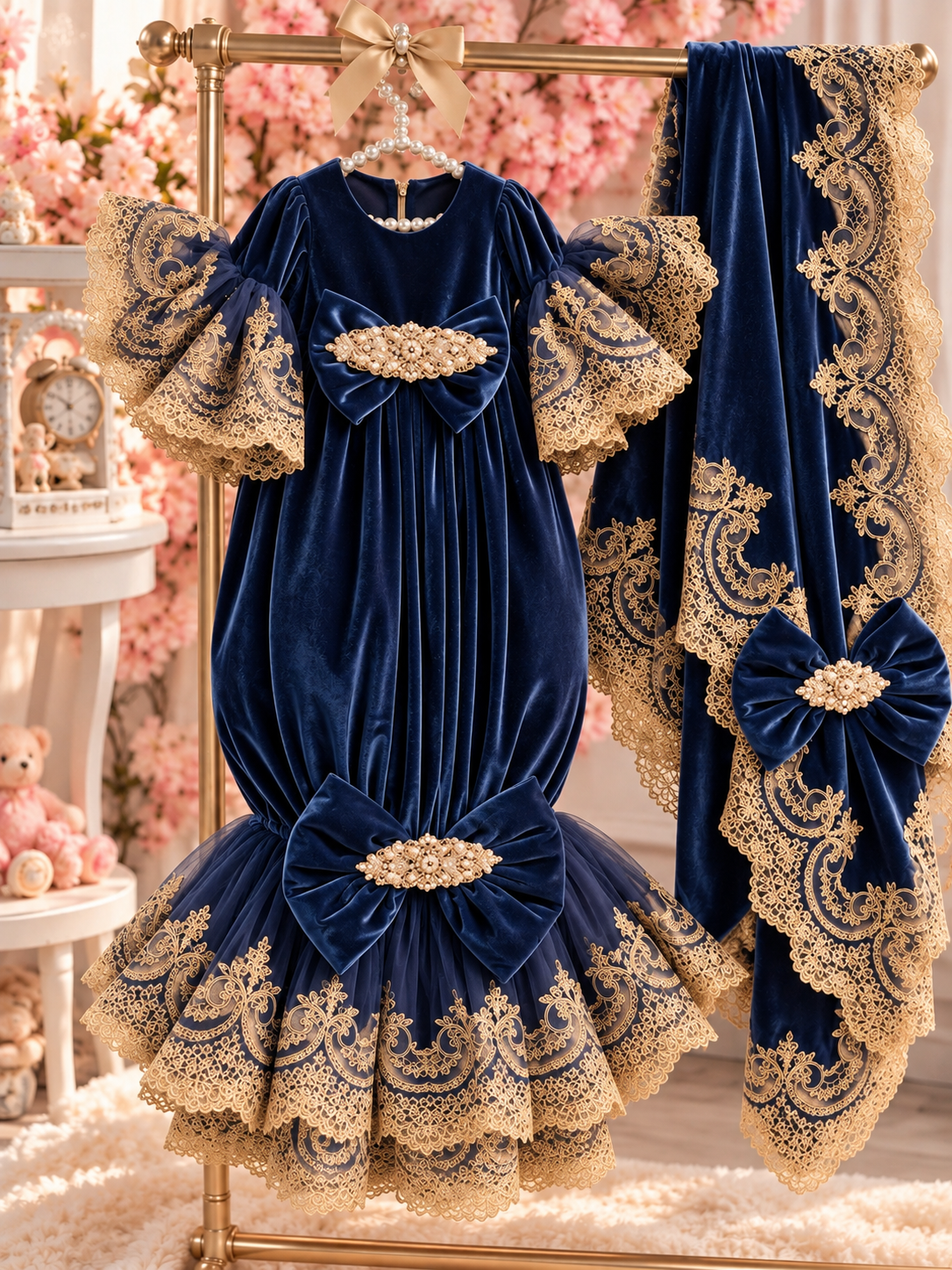Navy blue velvet fabric baby gown bonnet and blankent