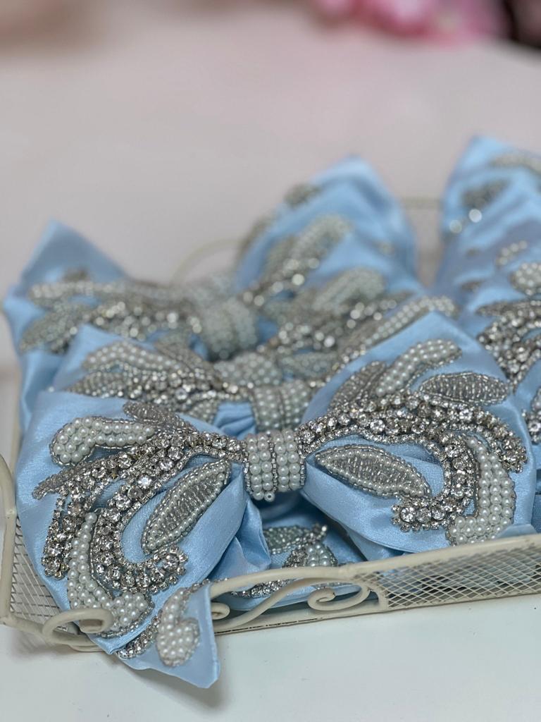 Baby Blue Rhinestone Bow Clips 10 inc