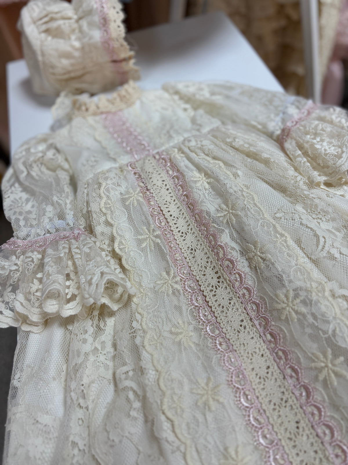 Lace fabric long baby gown and bonnet