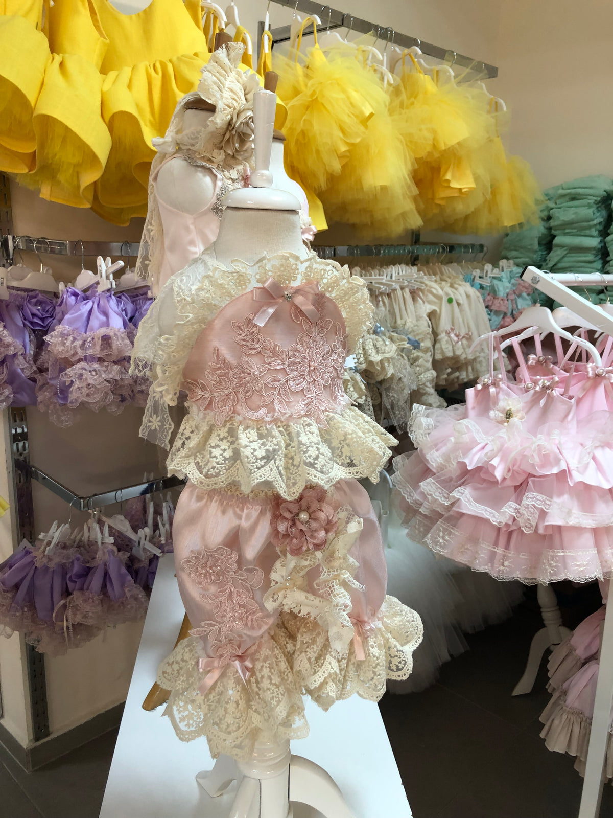 Pink silk fabric girl and baby two pieces outfıt and hairband