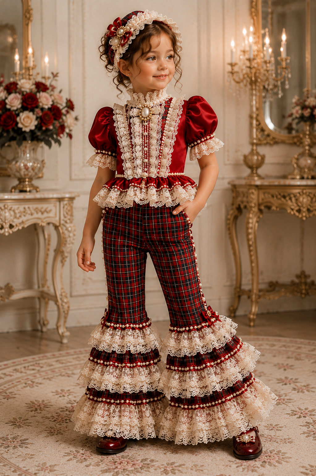 Red satin and plaid two pieces outfit and hairbow wholasale 7 pcs price
