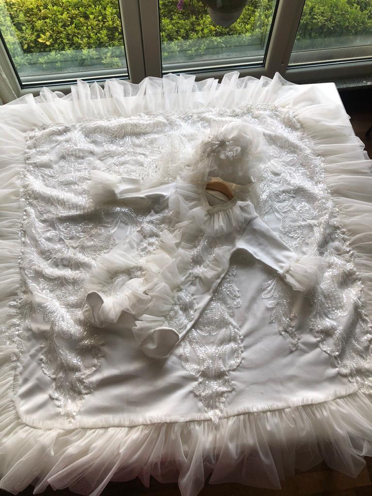 Cream France lace jumpsuit bonnet and blankent set