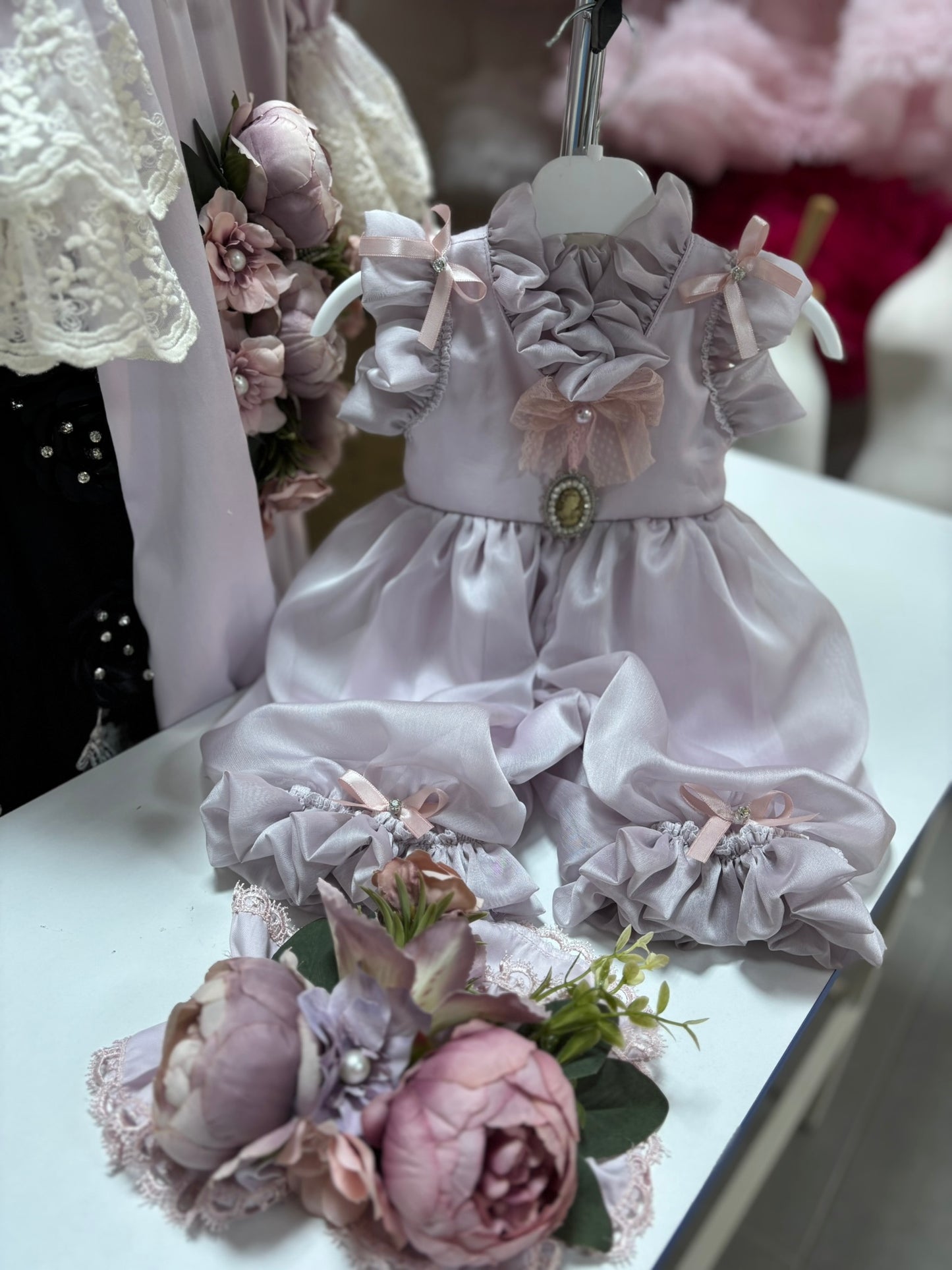 soft lilac coton tulle baby girl jumpsuit and flower hairband wholesale 6 pcs