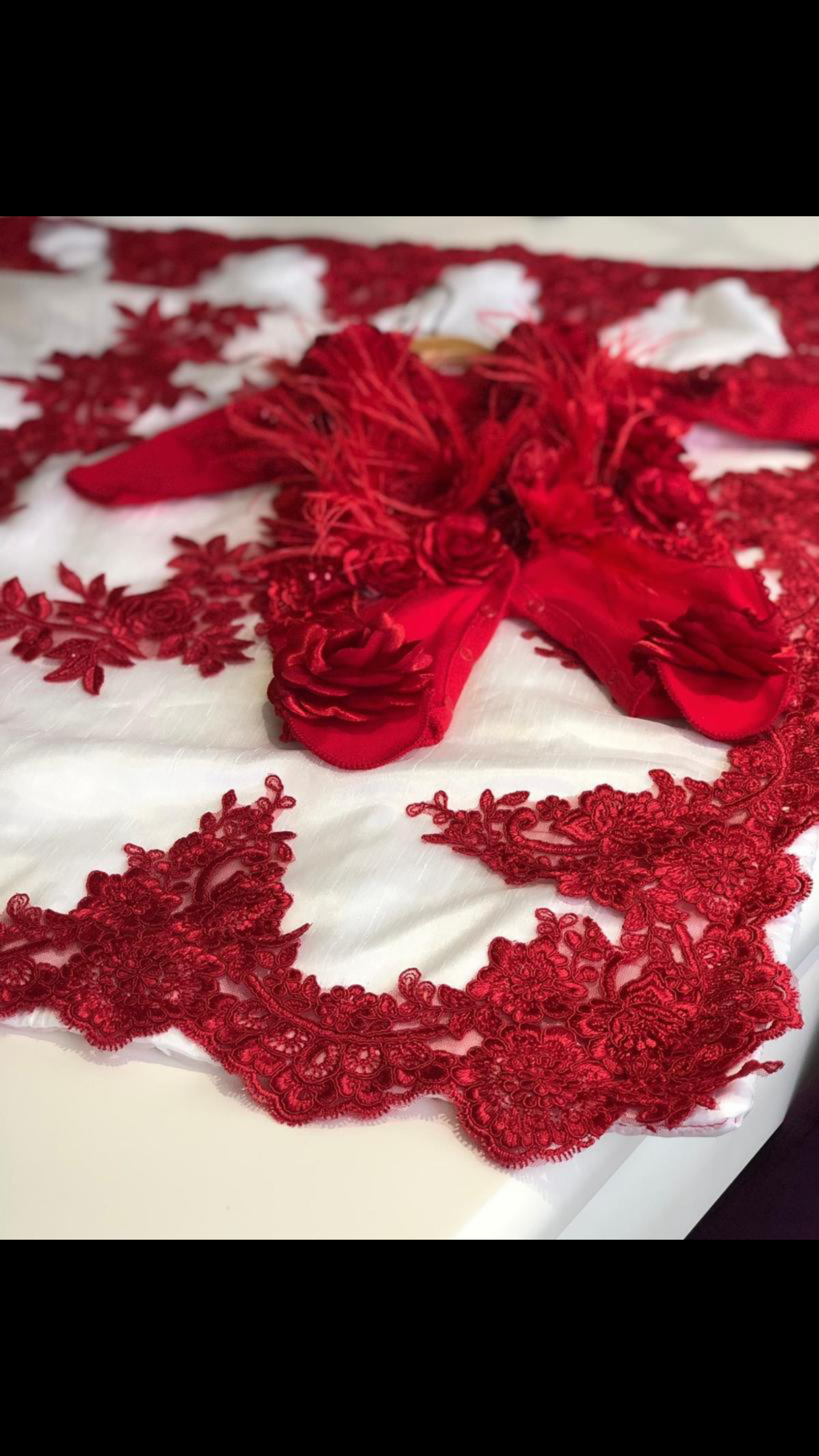 red flower jumpsuit cream red france lace blankent and bonnet set
