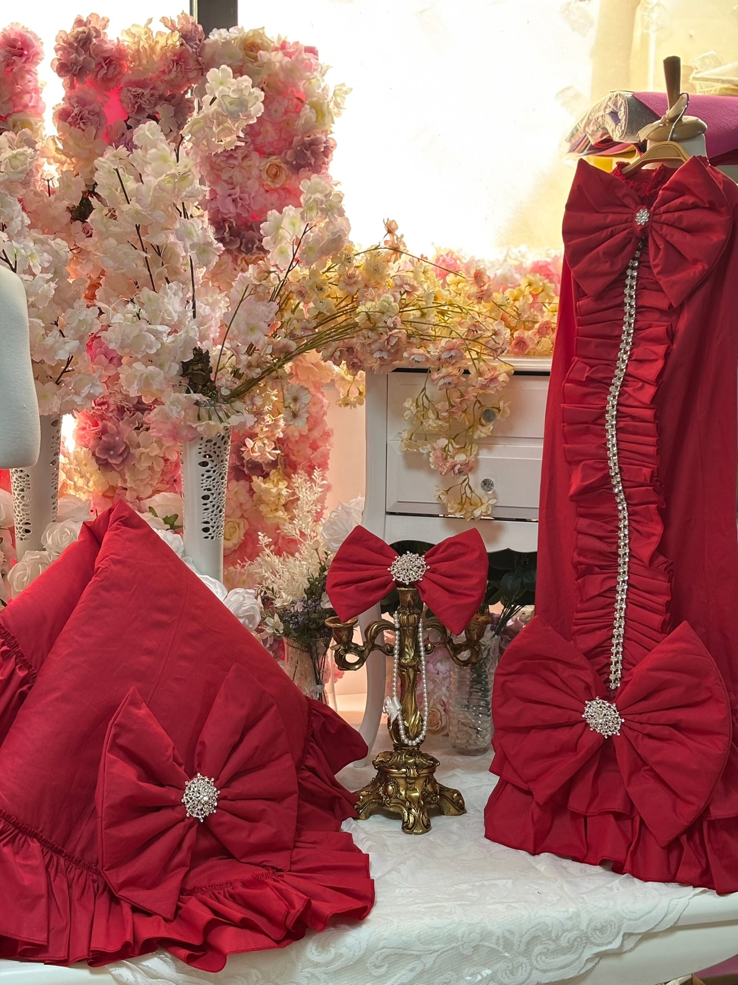 red gown hair bow and blankent set