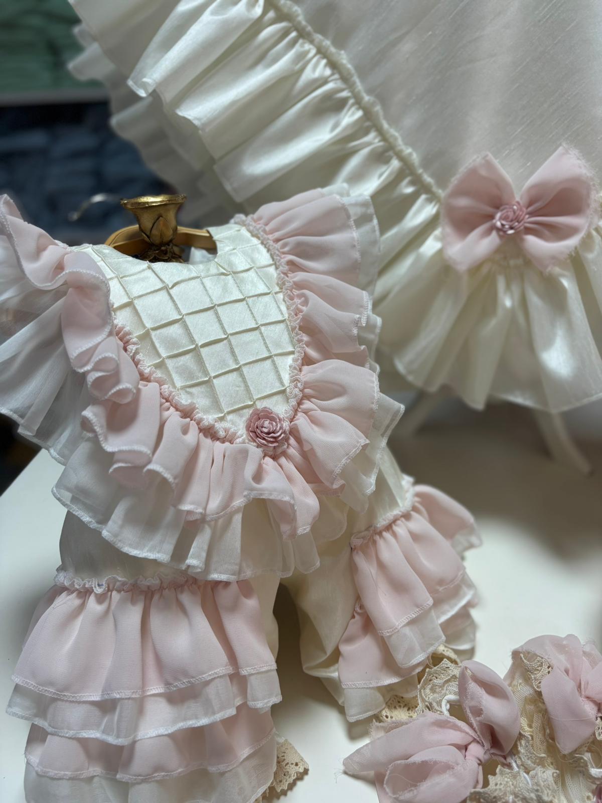 Cream pink baby Silk jumpsuit bonnet blankent and shoes set wholesale 4 pcs