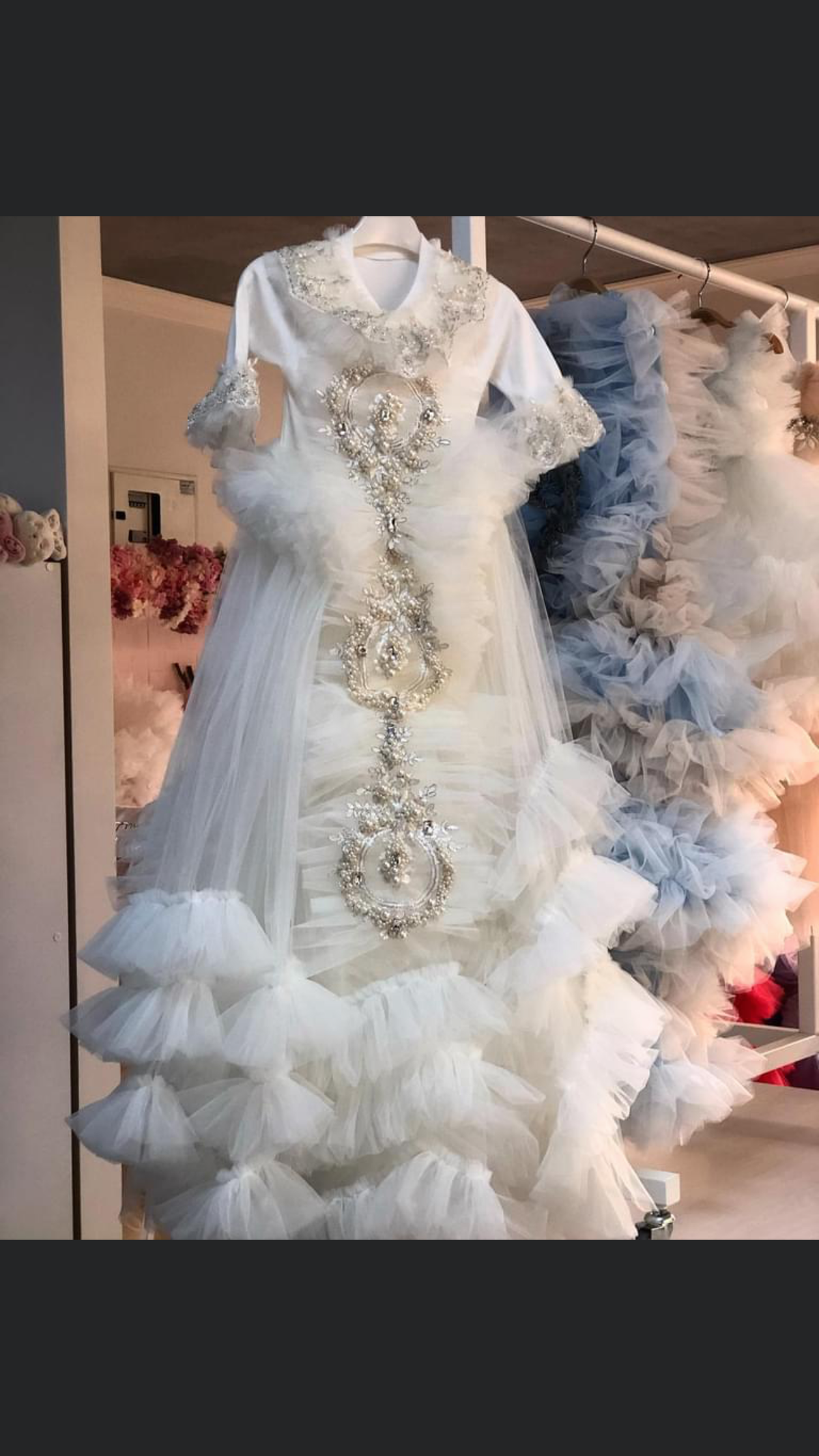Cream long tulle baby gown and bonnet