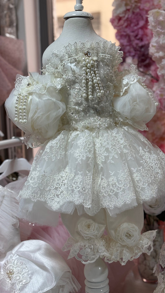 cream france lace silk fabric pearl details jumpsuit and bonnet wholesale 6  pcs