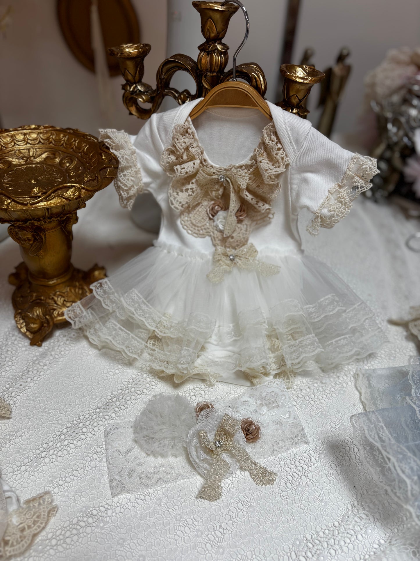 Cream layet romper and hair band 3m