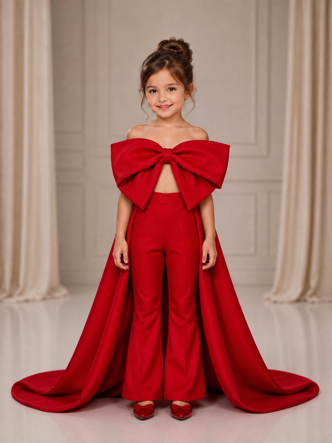 Red satin fabric bow outfıt and long train pants
