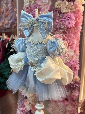 Blue Cinderella Baby Girl Romper & Oversized Pearl Bow Set