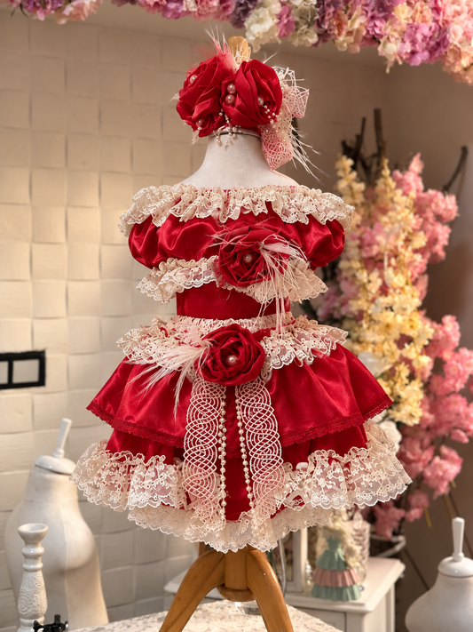 Red silk fabric holiday two pieces outfıt