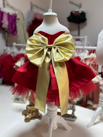 Red Satin Gold Big Bow Holiday Dresses