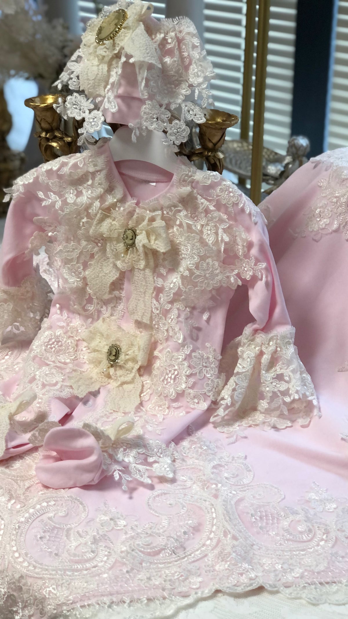 Cream France lace jumpsuit bonnet and blankent