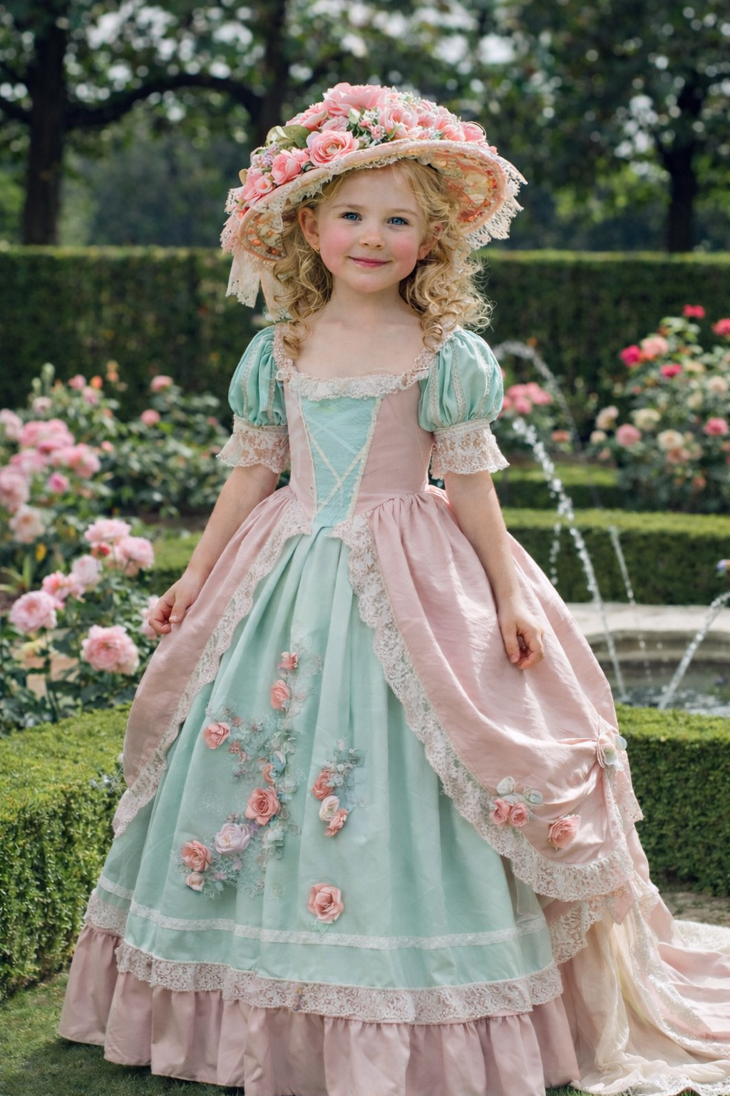 Pink green Long Coton Victorian Girl Fansy Gown and Bonnet