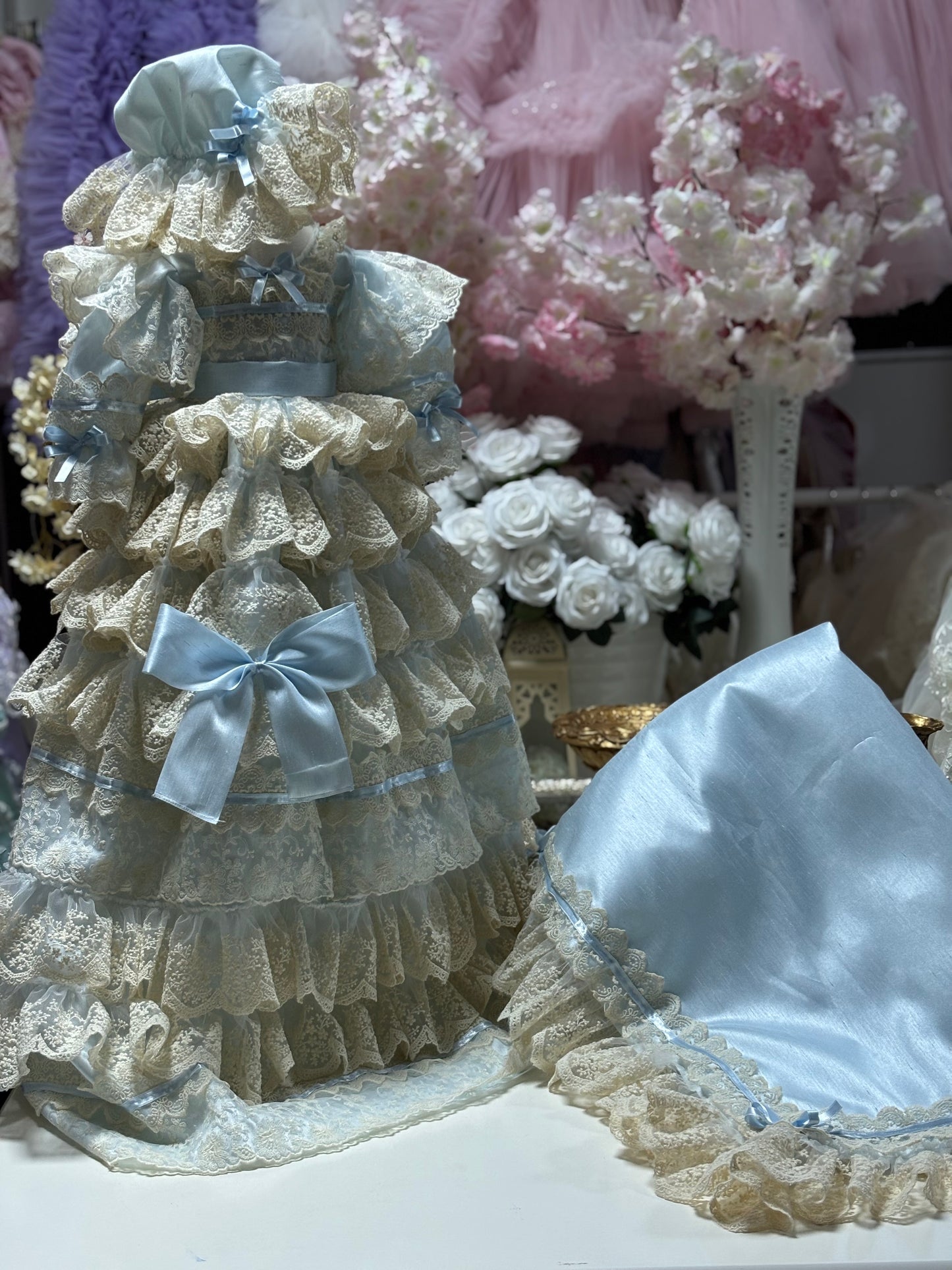 Baby Blue Silk fabric baby gown bonnet and Blankent set wholesale 4 pcs