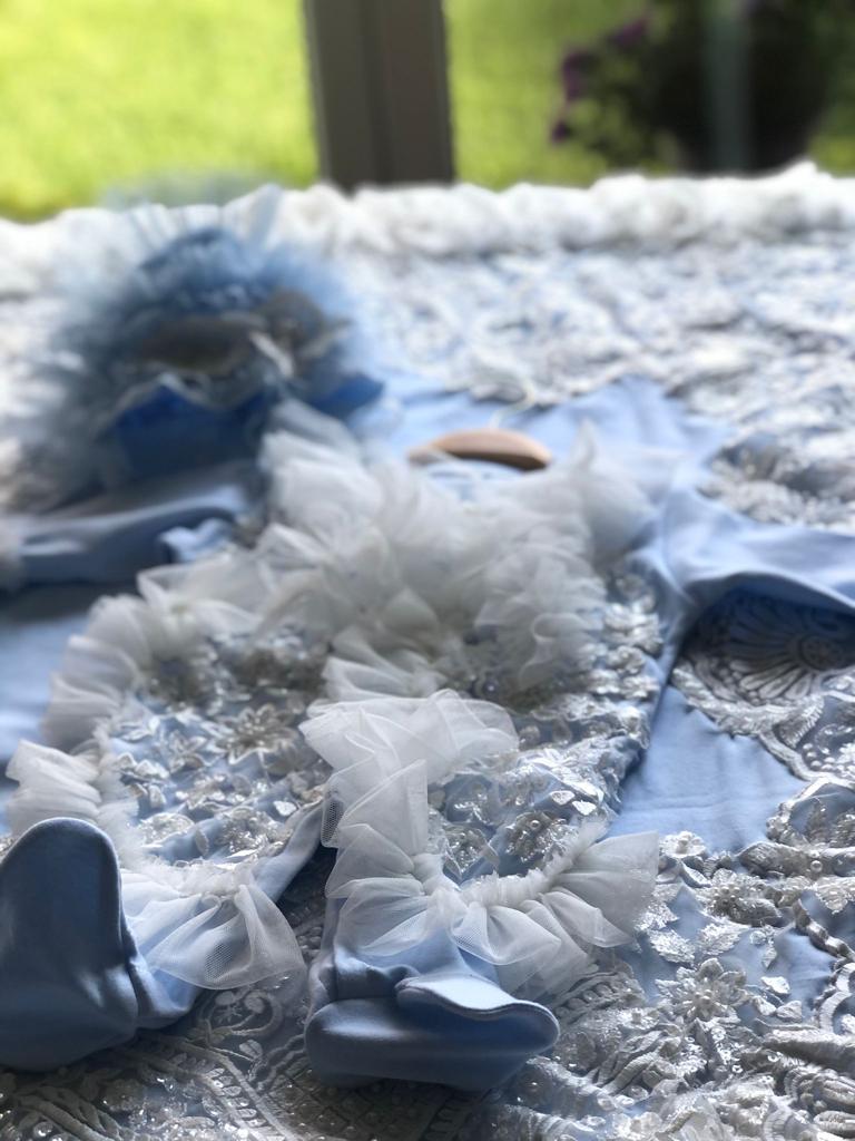 Baby Blue Newborn 3month to 6month Jumpsuit Hat Blankent Coton Pear France Lace Set