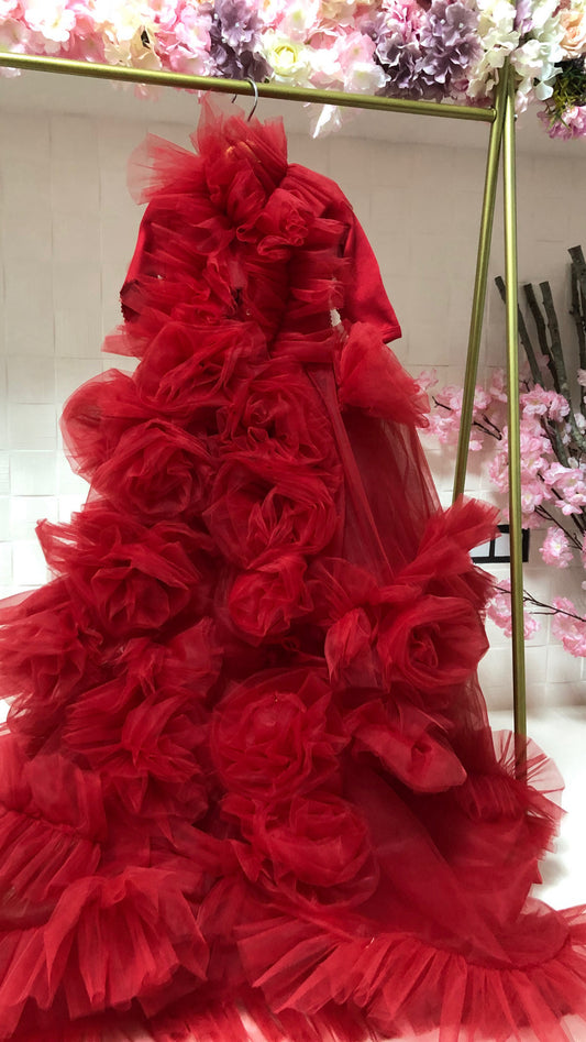 red tulle flowers long baby gown and bonnet
