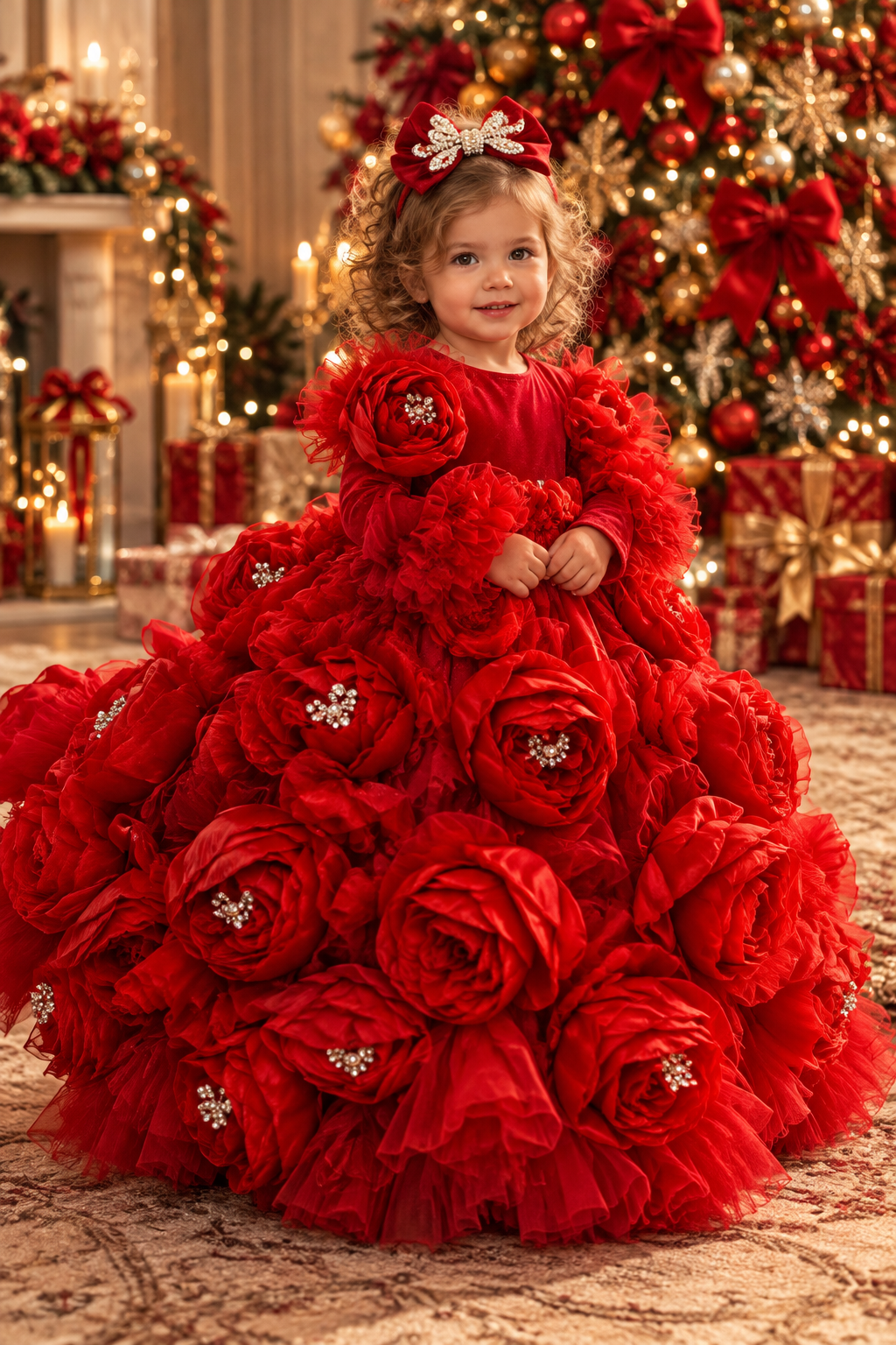 Red flowers long girl dress and hairclips
