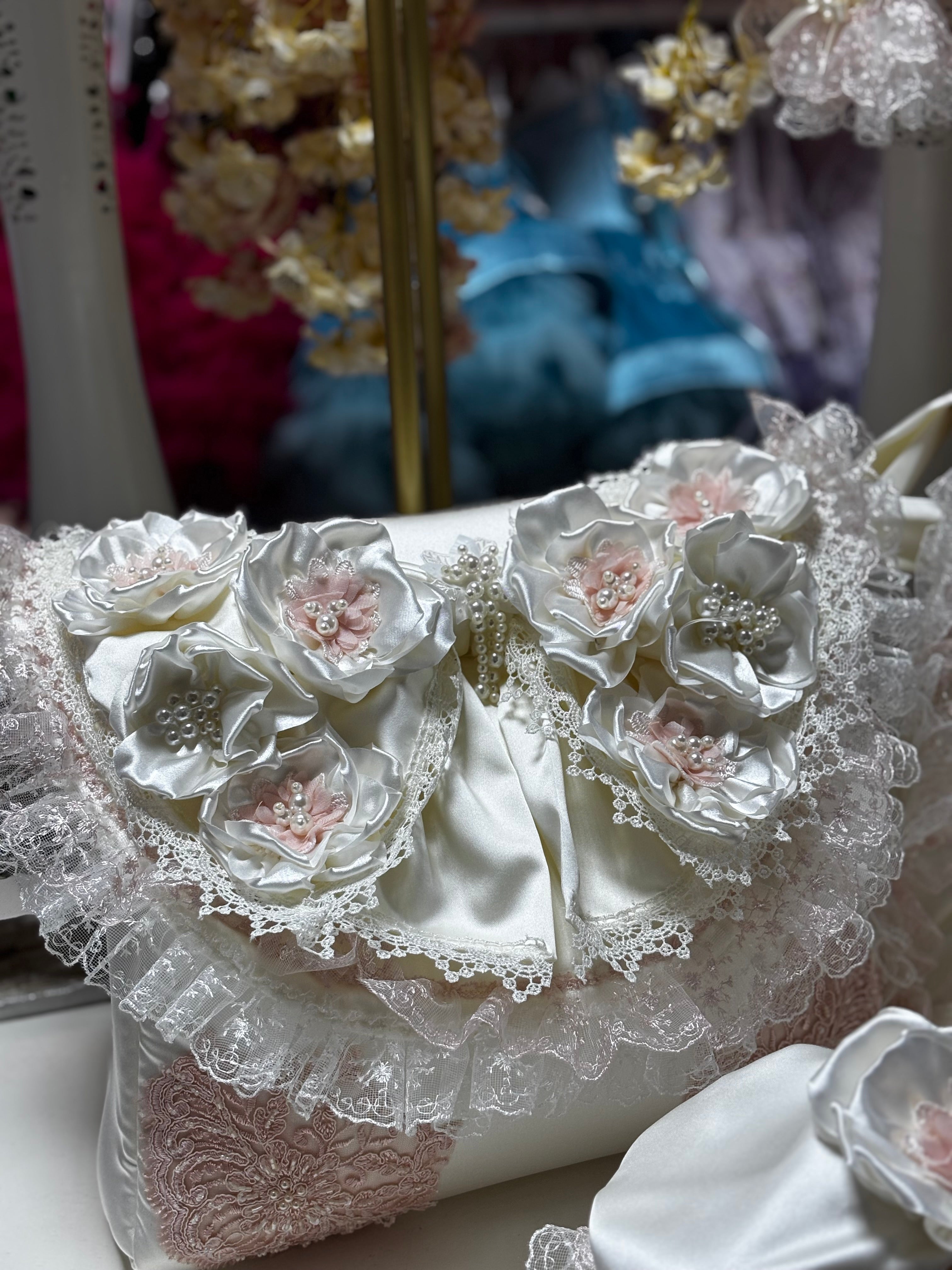 cream silk fabric big bow pearl flowers diaper bag and bottle bag