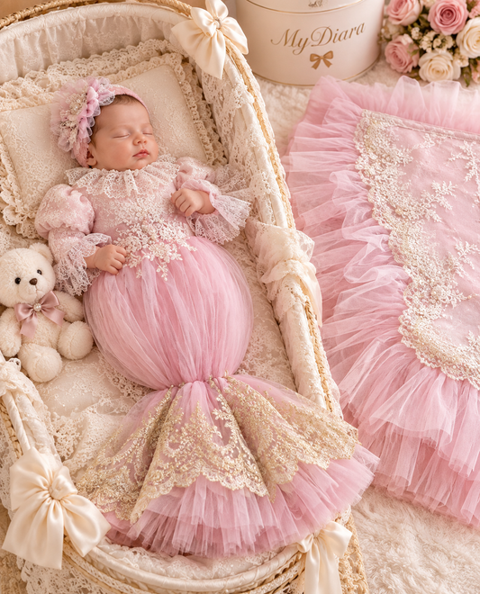 Pink baby gown hairband and blankent