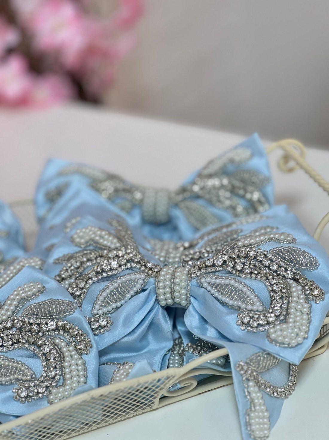 Baby Blue Rhinestone Bow Clips 10 inc