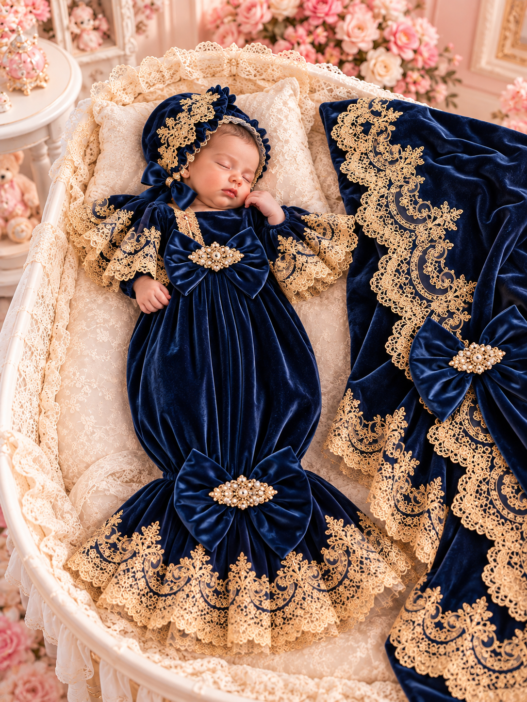Navy blue velvet fabric baby gown bonnet and blankent