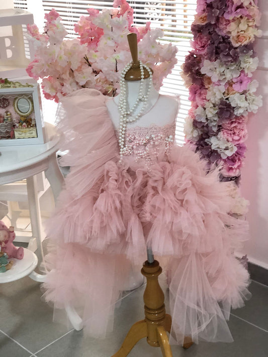 Light Pink Flowers Girl Pearl Aplique Puffy Long Train Dresses wholesale 6 pcs
