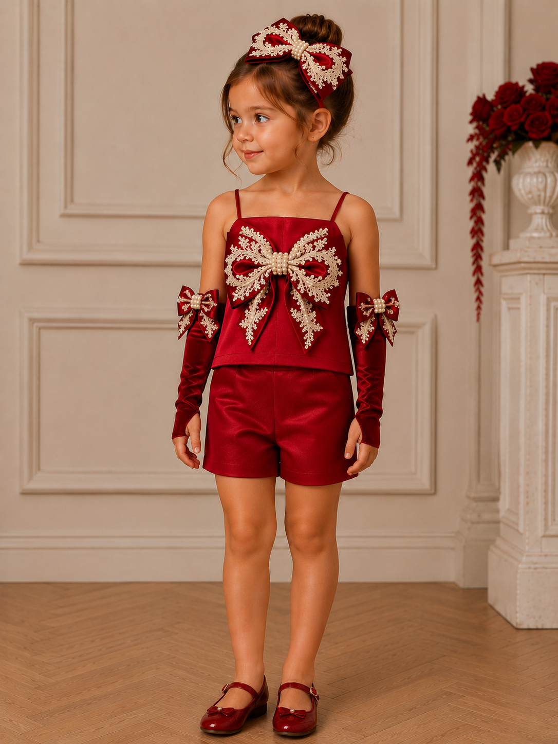 Red satin fabric short blouse pearl bow girl Christmas outfıt