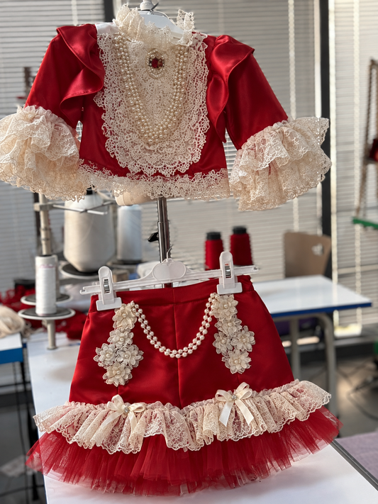Red satin fabric two pieces outfit