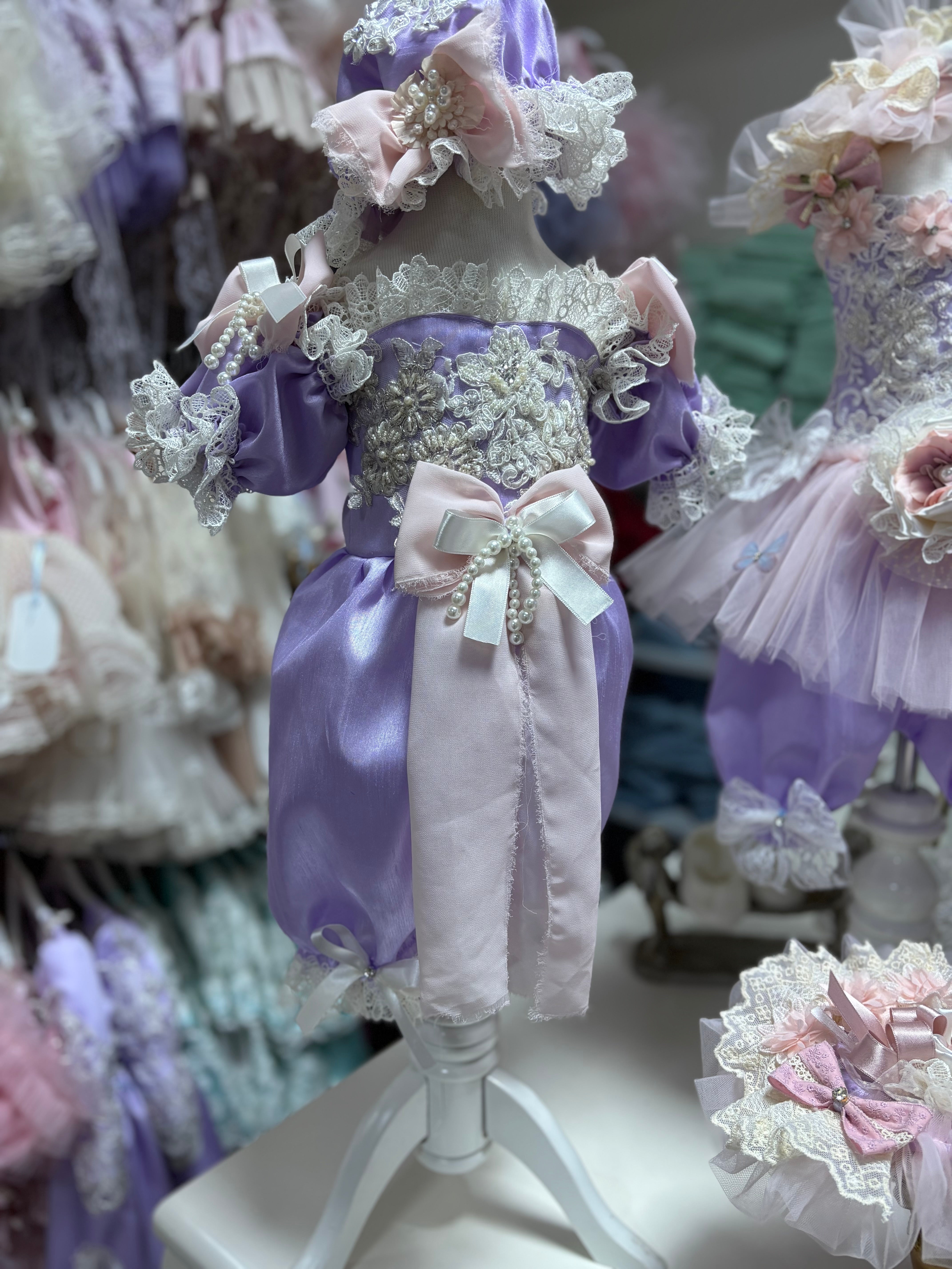 Lilac silk Fabric Pearl Aplique Baby Jumpsuit And Bonnet