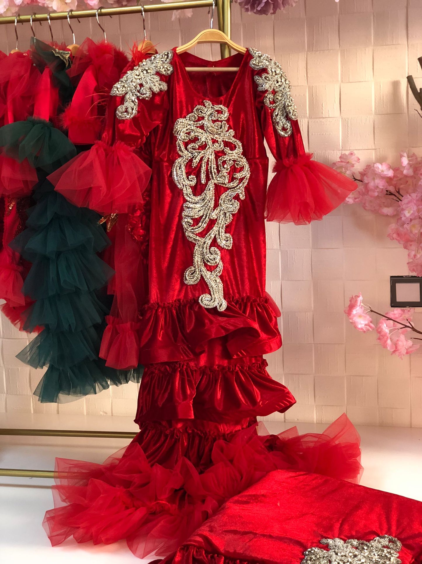 red velvet rhine stone gown  bonnet and blankent set