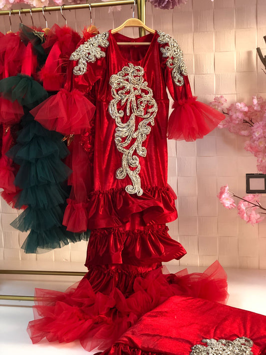 red velvet rhine stone gown  bonnet and blankent set