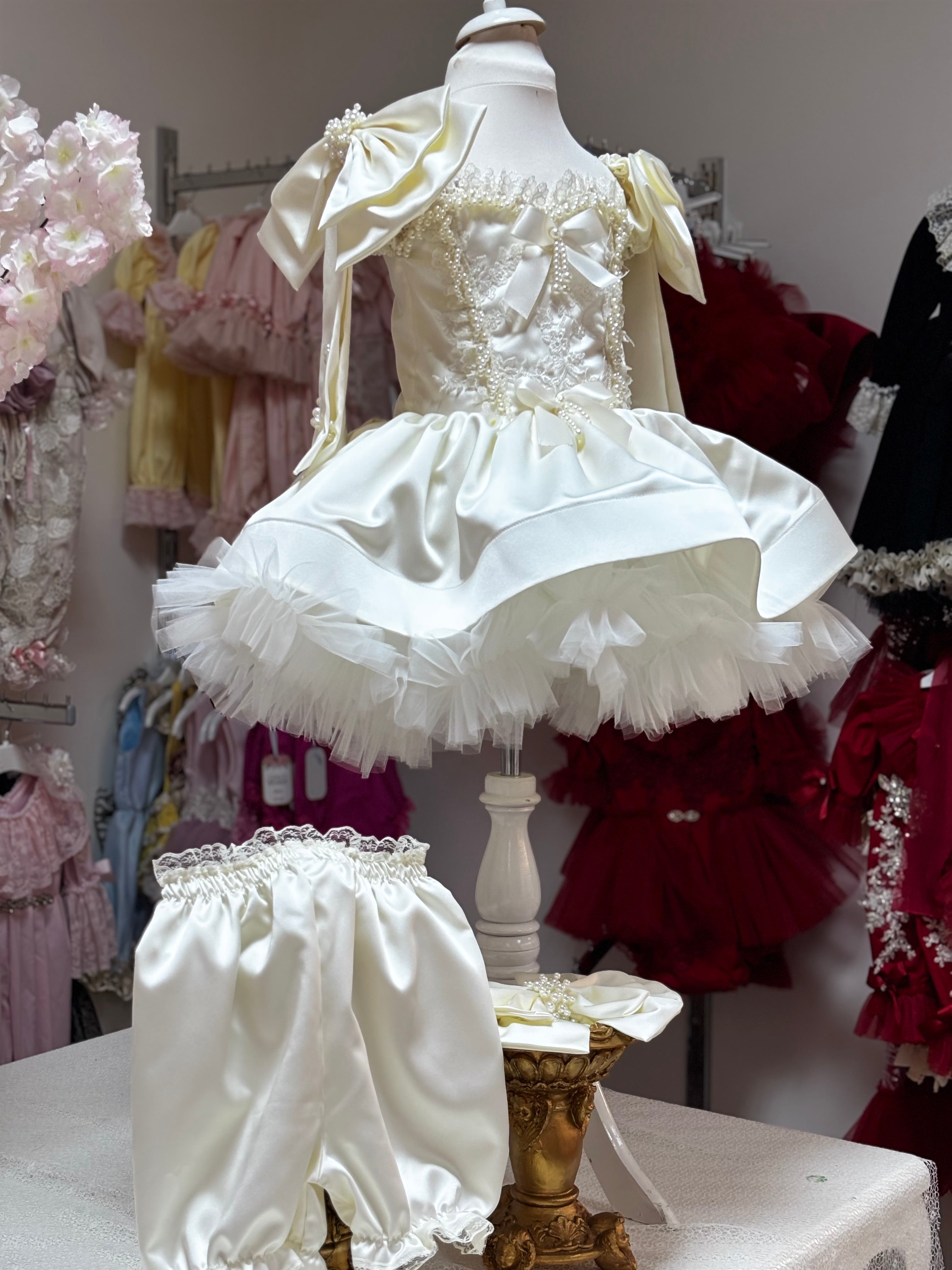 Cream satin girl party dress set and hair bow