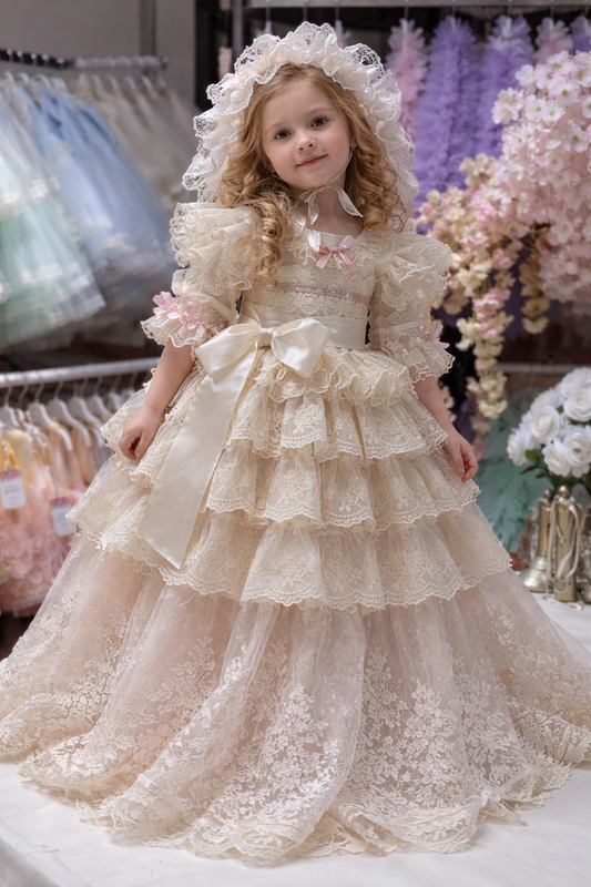 Cream girl vintage long dress and bonnet