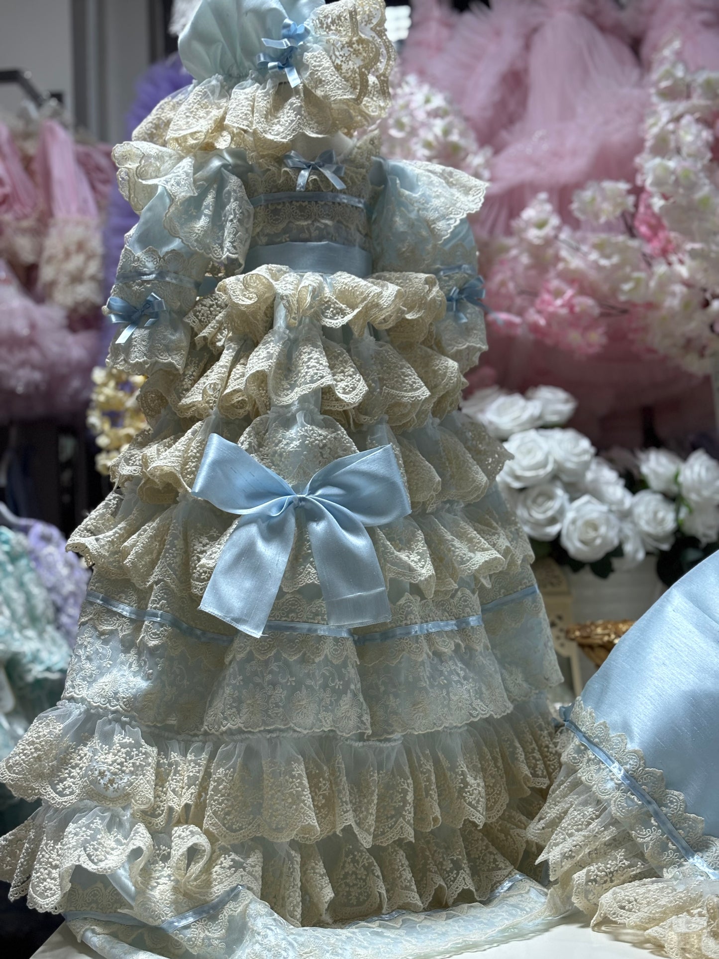 Baby Blue Silk fabric baby gown bonnet and Blankent set wholesale 4 pcs