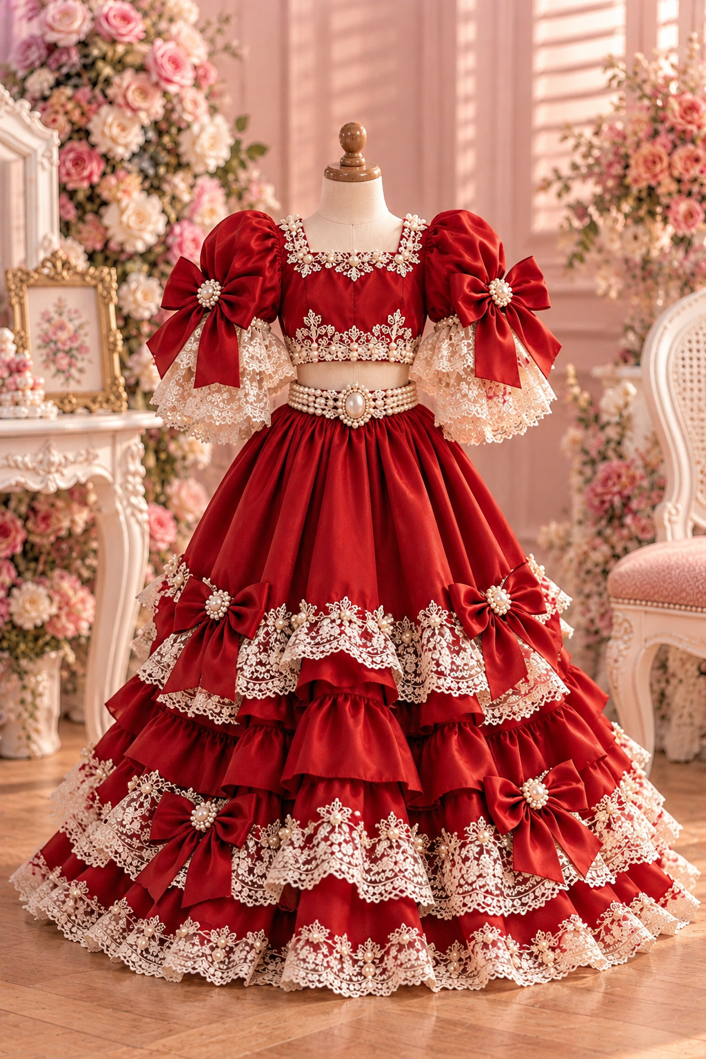 Red silk fabric Christmas blouse and long skirt