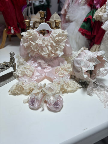 Baby Pink Silk Fabric Jumpsuit Bonnet And Shoes